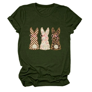 Detail of Army Green t-shirt with plaid, floral and leopard print bunny silhouettes