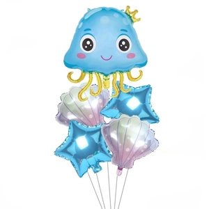 Sea animal balloon set with cartoon blue jellyfish, silver stars and iridescent shells