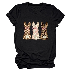 Detail of short sleeve T-shirt with bunny silhouettes in plaid, floral and leopard prints