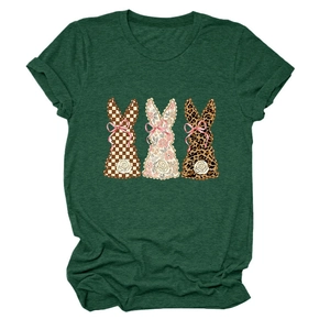 Close-up of the creative rabbit print on dark green short sleeve t-shirt with patterns
