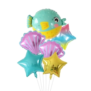 6-piece ocean theme balloon set featuring cartoon puffer fish, shells, and metallic stars