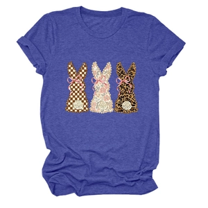 Detail of blue cotton T-shirt featuring three rabbit silhouettes with leopard and floral prints