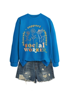 Detail of royal blue social worker sweatshirt with advocate print and denim shorts