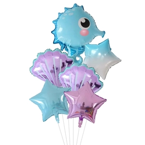 Detail of sea theme foil balloons set featuring blue seahorse and purple shell shapes