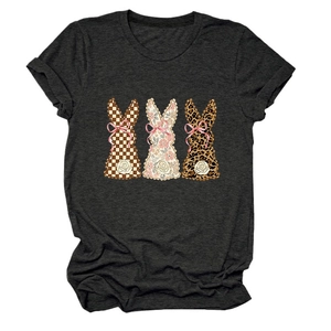 Detail of bunny silhouettes in plaid, floral and leopard prints on charcoal grey t-shirt