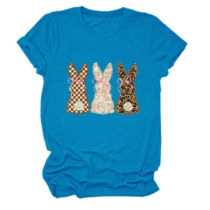 Detail of sky blue t-shirt featuring three rabbits with floral, plaid, and leopard patterns