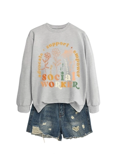 Close-up of casual social worker sweatshirt with advocate support empower floral print