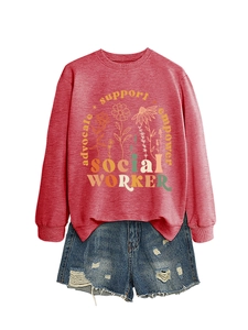 Red crew neck sweatshirt with floral line art and empowerment quote paired with denim shorts