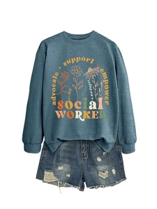 Detail of social worker graphic print on a blue sweatshirt with support empower slogan