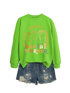 Detail of neon green sweatshirt with advocate support empower text and denim shorts