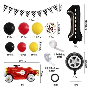 Racing party balloon set with black-white flags, race car foil and number balloons