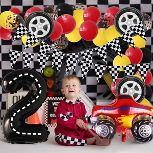 Racing car theme party balloon arch kit with monster truck and checkered flags decor