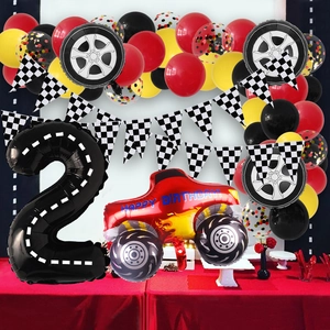 Racing car 2nd birthday decor with black race track number 2 balloon and checkered banner