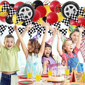 Racing theme party balloon arch kit with checkered flags and vintage tire balloons for kids