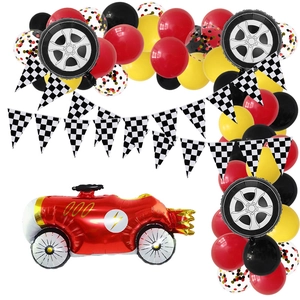 Racing party set with red race car, tire balloons, checkered flags, and latex balloons