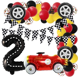 Racing car birthday kit with red race car balloon, tire balloons and number 2 décor