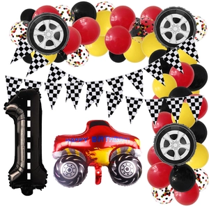 Racing Car Theme Monster Truck Balloon Arch Kit With Checkered Flags Tire Foil Balloons For Boys Birthday Party Decoration