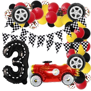 Racing car themed 3rd birthday decoration kit with number 3 balloon and racing flag banners
