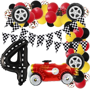 Racing party kit with red car foil balloon, black number 4 and checkered flag banner decor