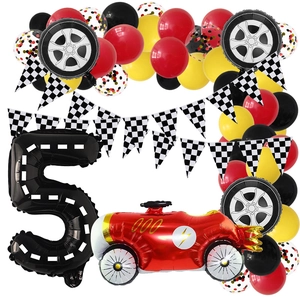 Racing theme birthday balloon set with black number 5, red race car, and checkered flags