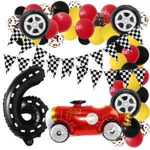 Racing party set with number 6 foil balloon, tire balloons and checkered flag banners