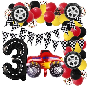 Racing car theme 3rd birthday party kit with red truck, racing flags and number balloons