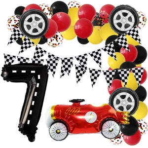 Racing party set featuring giant number 7 balloon with tire and vintage car foil balloons