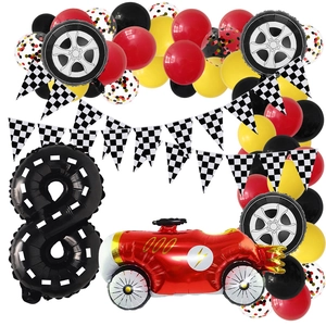 Racing party set featuring giant number 8 foil balloon, red car, and checkered banner