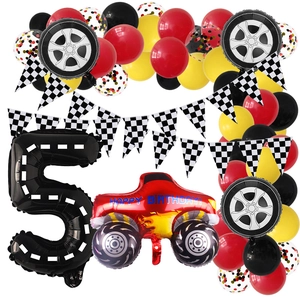 Racing theme 5th birthday decor set with tire balloons and checkered flags