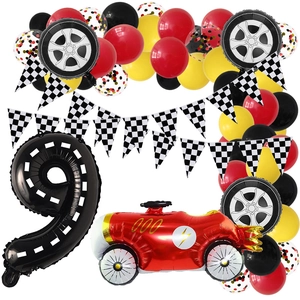 Racing party set featuring latex balloons, checkered banners, and tire foil decorations