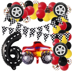 Racing car themed 6th birthday balloon set with monster truck and checkered banner