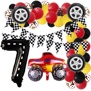 Racing theme birthday balloon set with red monster truck, number 7, and checkered flags
