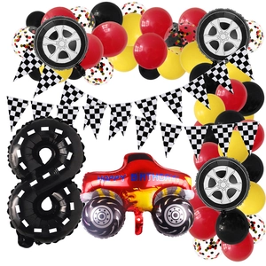Racing themed 8th birthday set with checkered flags and red monster truck balloon