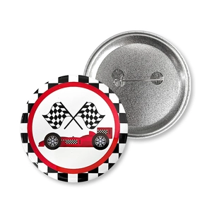 Tinplate racing badge featuring checkered flags and pin back closure detail