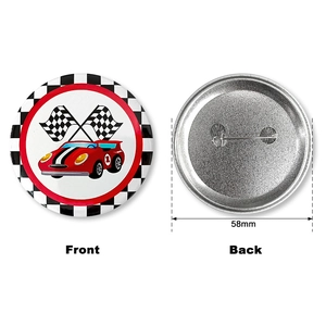 58mm racing themed tinplate badge set with black and white checkered flags design