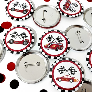 Racing party tinplate badges with black and white checkered flags and red race car designs