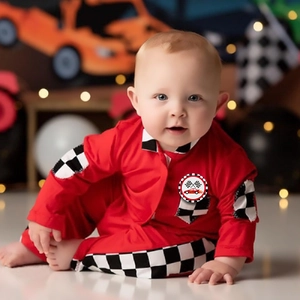 Infant racing suit two-piece set in bright red with classic checkered flag trim and badge