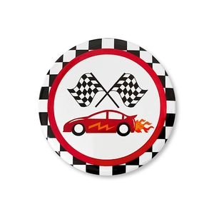 Racing theme party paper plate with black and white checkered flags and red race car