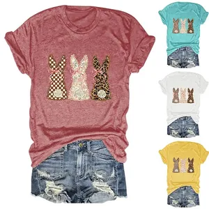 Women Cute Rabbit Print T-Shirt Loose Fit Short Sleeve Round Neck Casual Cotton Blend Top Plaid Floral Leopard Patchwork
