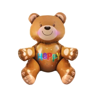 Detailopname van bruine beer folieballon met kleurrijke Happy-belettering voor feestjes