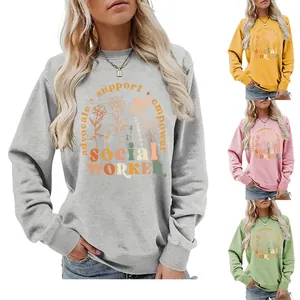 Women Crewneck Long Sleeve Sweatshirt Cotton Blend Social Worker Advocate Support Empower Floral Graphic Print Loose Fit