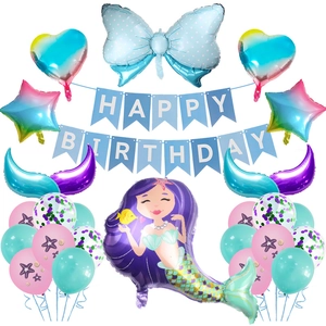 Mermaid Theme Birthday Party Decorations Gradient Aluminum Foil And Latex Balloons Happy Birthday Banner For Kids Ocean Celebration