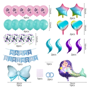 Mermaid party decoration set with mermaid tail, heart balloons and blue birthday banner