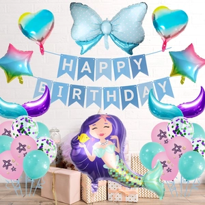 Mermaid party decoration kit with Happy Birthday banner and gradient heart foil balloons