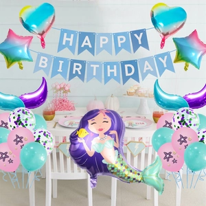 Mermaid party decoration set with heart star foil balloons and Happy Birthday banner