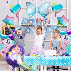 Mermaid party decoration set with gradient heart balloons and happy birthday banner