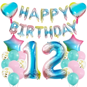 Rainbow gradient birthday balloon set with heart, star shapes and number 12 for party decor