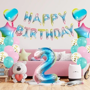 Rainbow gradient Happy Birthday balloon set with number 2 and heart foil decor