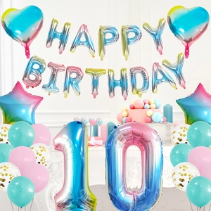 Close-up of rainbow gradient heart balloons and confetti latex balloons for birthday decor