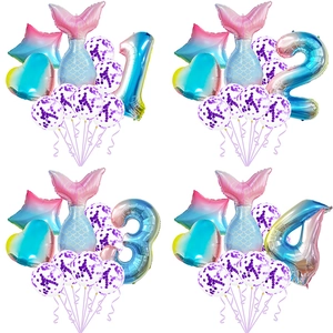 Mermaid party balloon set with gradient tail, large numbers and confetti balloons